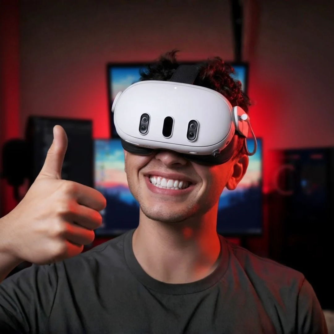 Zulu wearing a VR headset giving a thumbs up