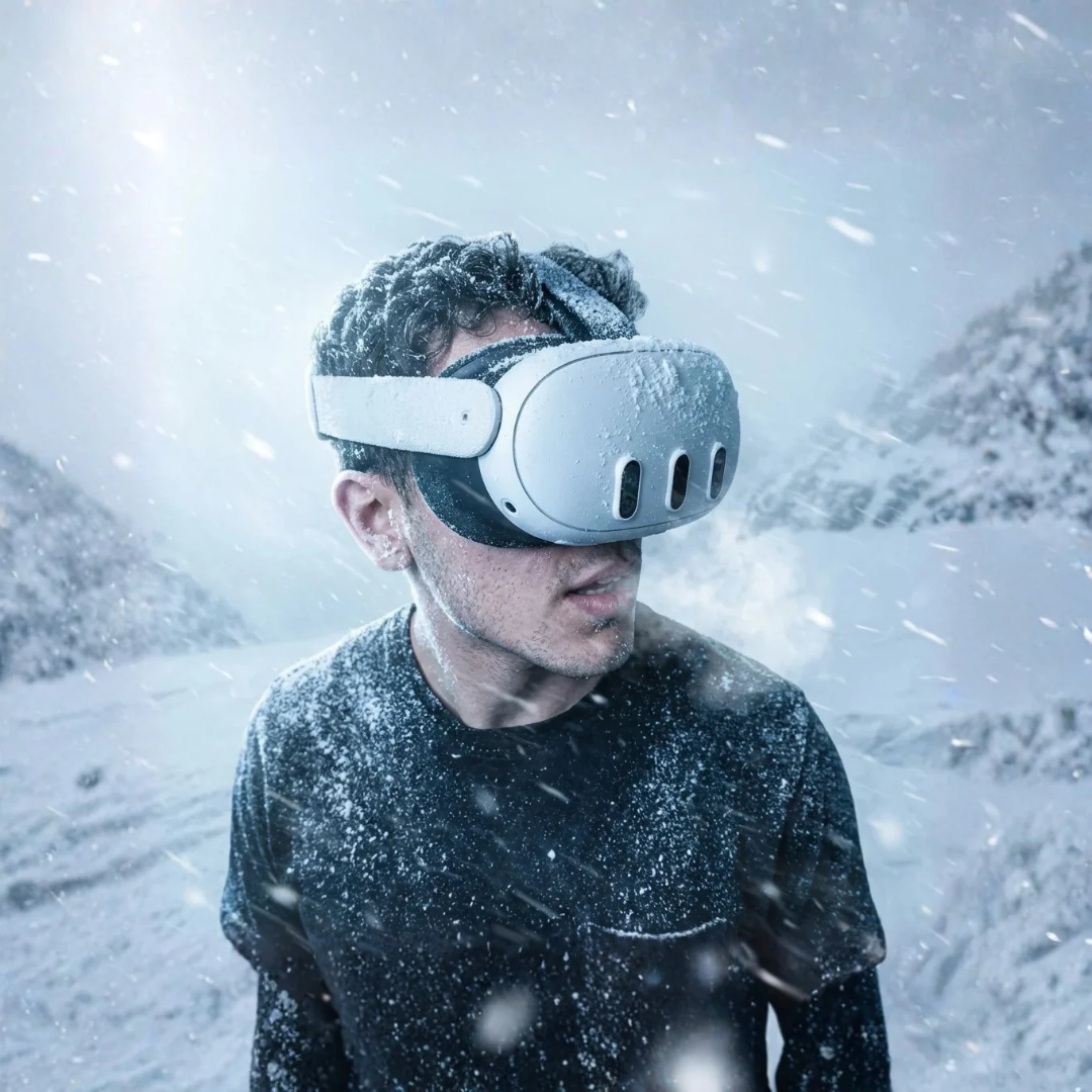 Zulu wearing a VR headset in a snowstorm